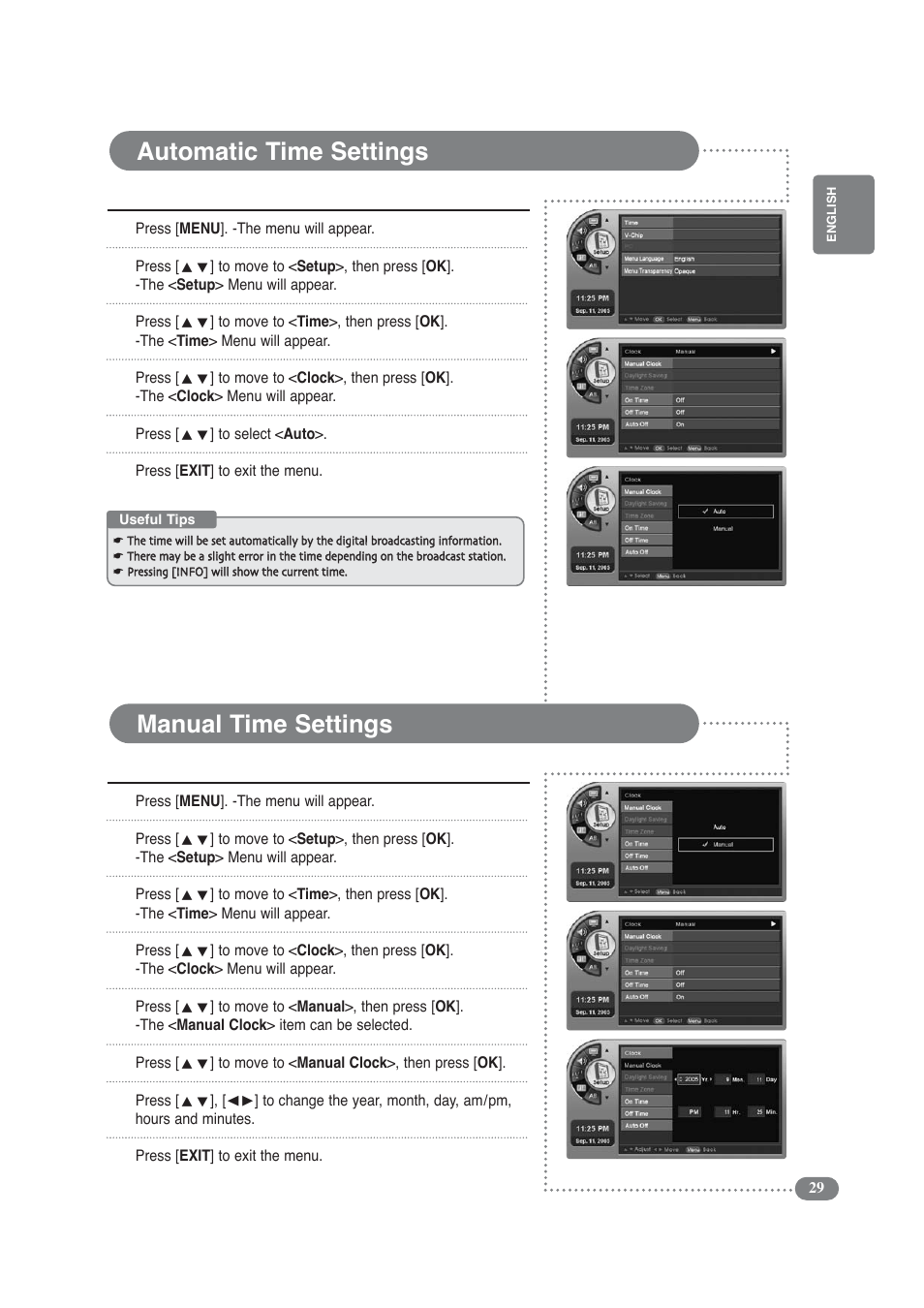 Automatic time settings, Manual time settings | COBY electronic TF-TV3209 User Manual | Page 29 / 44