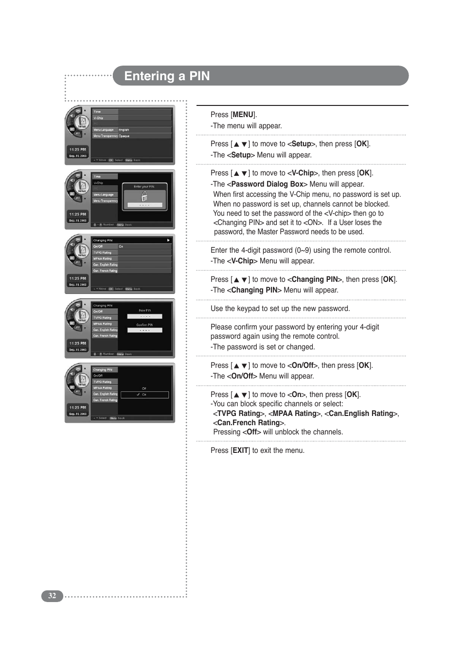 Entering a pin | COBY electronic TF-TV3209 User Manual | Page 32 / 44