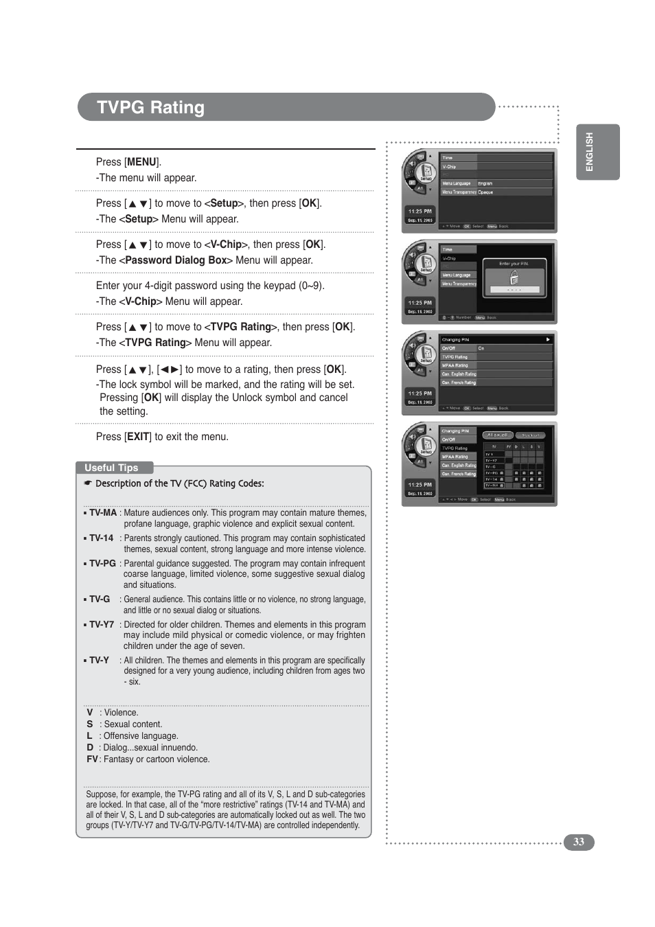 Tvpg rating | COBY electronic TF-TV3209 User Manual | Page 33 / 44