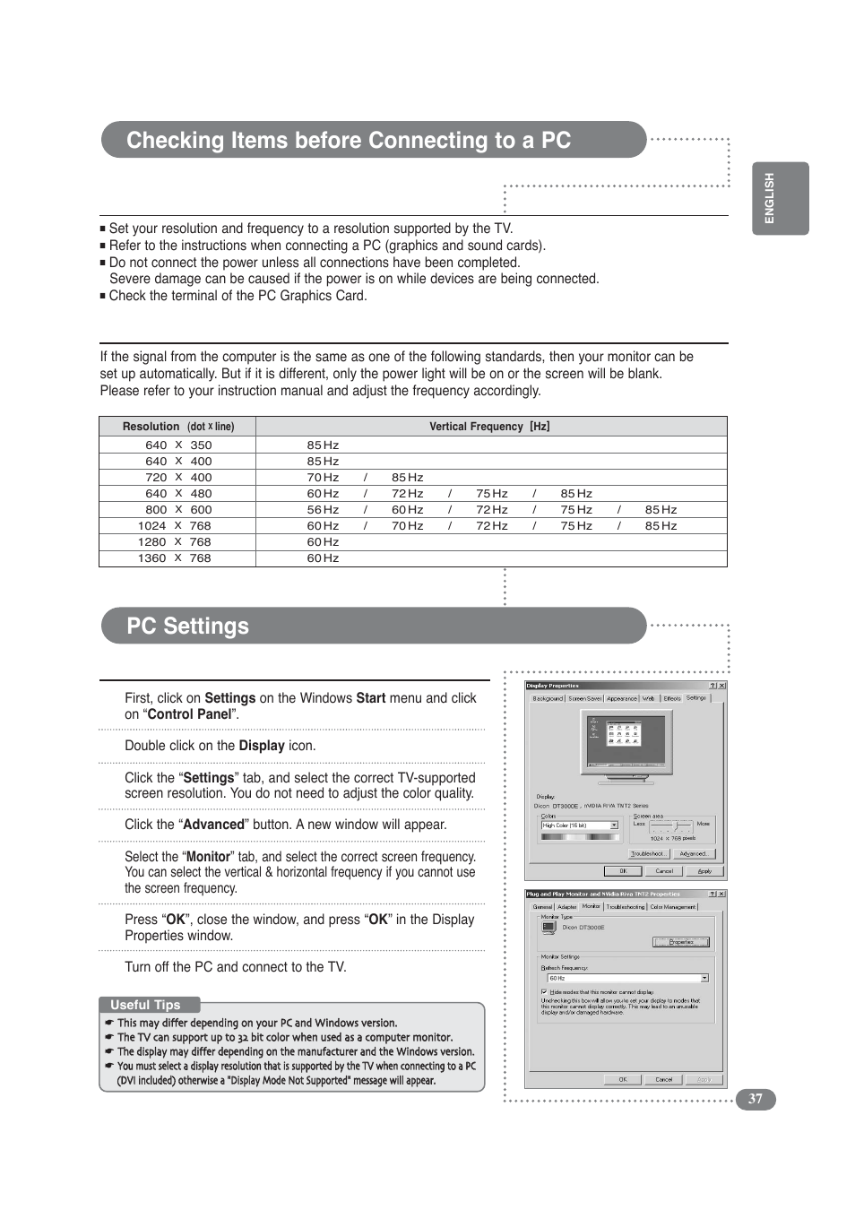 Pc settings, Checking items before connecting to a pc, Precautions | Standard display settings | COBY electronic TF-TV3209 User Manual | Page 37 / 44