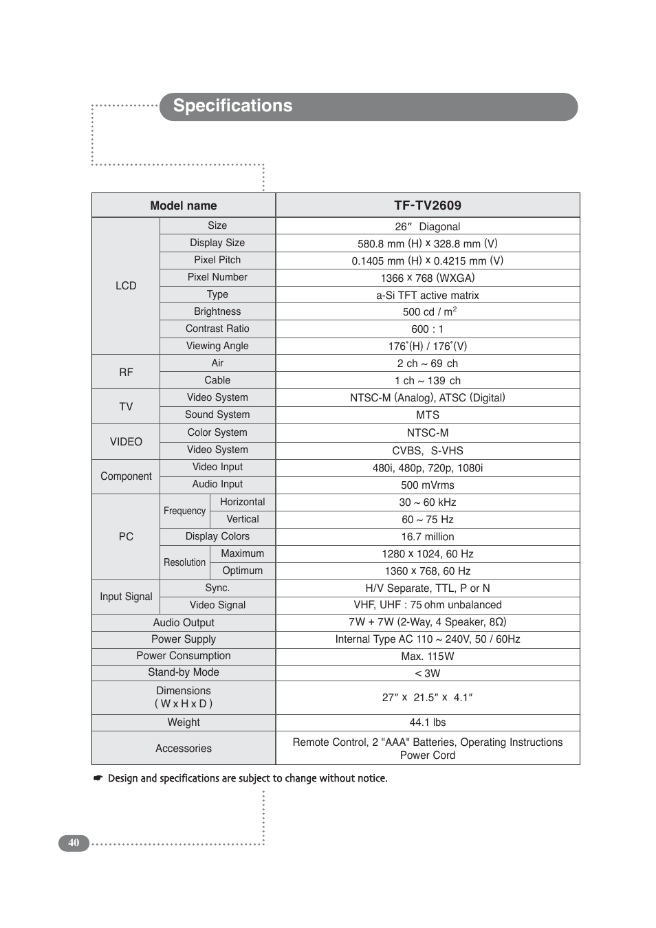 Specifications | COBY electronic TF-TV3209 User Manual | Page 40 / 44