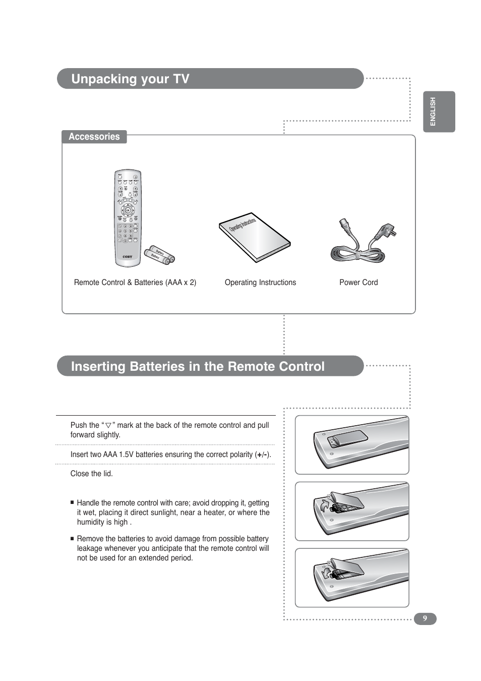 Unpacking your tv, Inserting batteries in the remote control | COBY electronic TF-TV3209 User Manual | Page 9 / 44