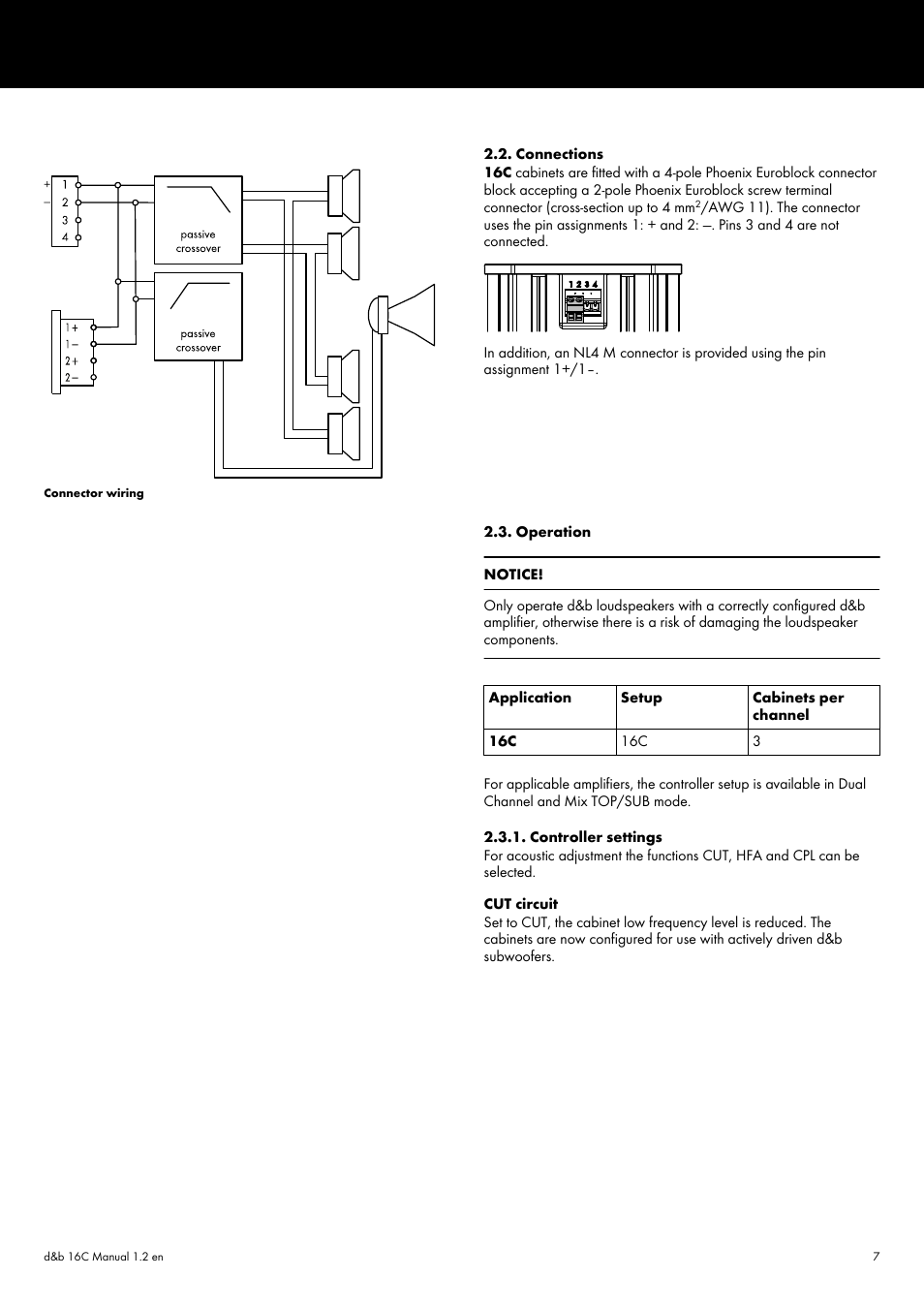 Connections, Operation, Controller settings | d&b 16C User Manual | Page 7 / 12