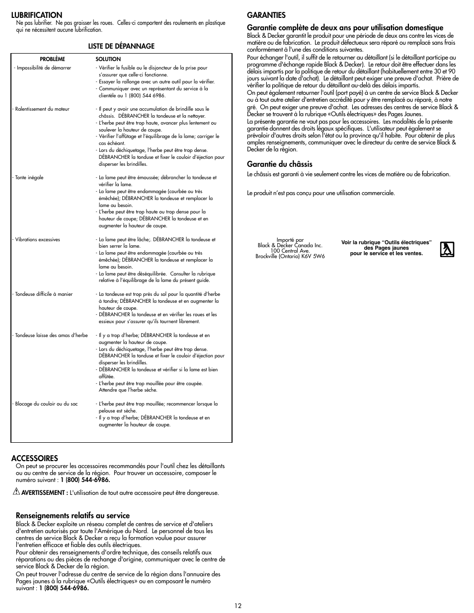 Lubrification, Accessoires, Renseignements relatifs au service | Garantie du châssis | Black & Decker MM675 User Manual | Page 12 / 20