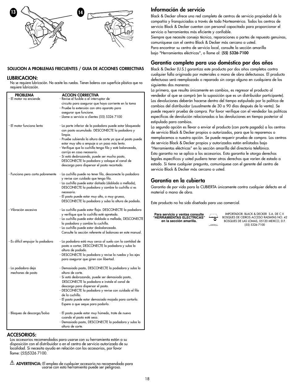 Información de servicio, Garantía completa para uso doméstico por dos años, Garantía en la cubierta | Lubricacion, Accesorios | Black & Decker MM675 User Manual | Page 18 / 20