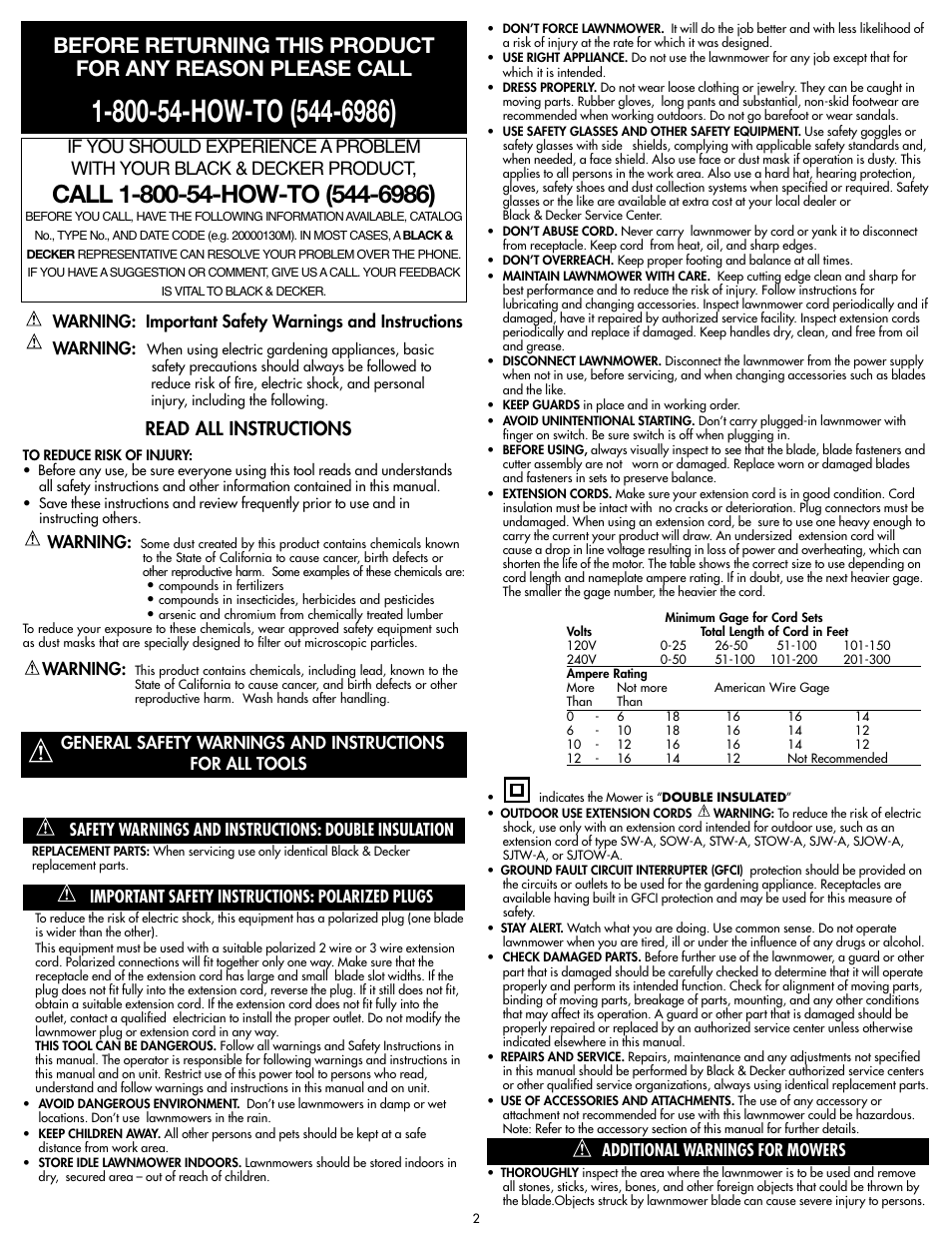 Read all instructions, Warning, Important safety instructions: polarized plugs | Additional warnings for mowers | Black & Decker MM675 User Manual | Page 2 / 20