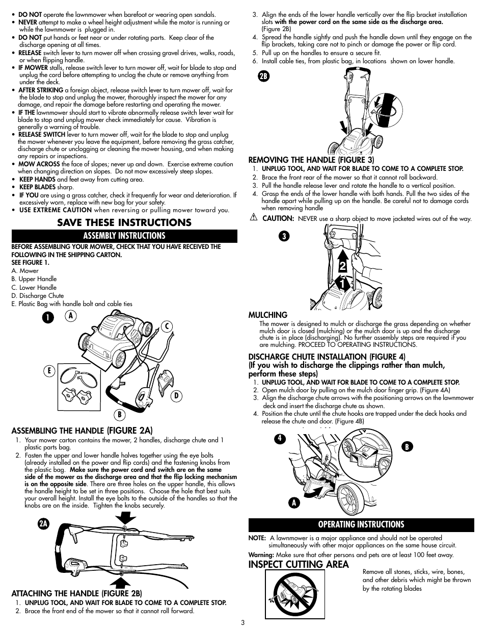 Save these instructions, Inspect cutting area, Assembly instructions | Figure 2a), Operating instructions | Black & Decker MM675 User Manual | Page 3 / 20