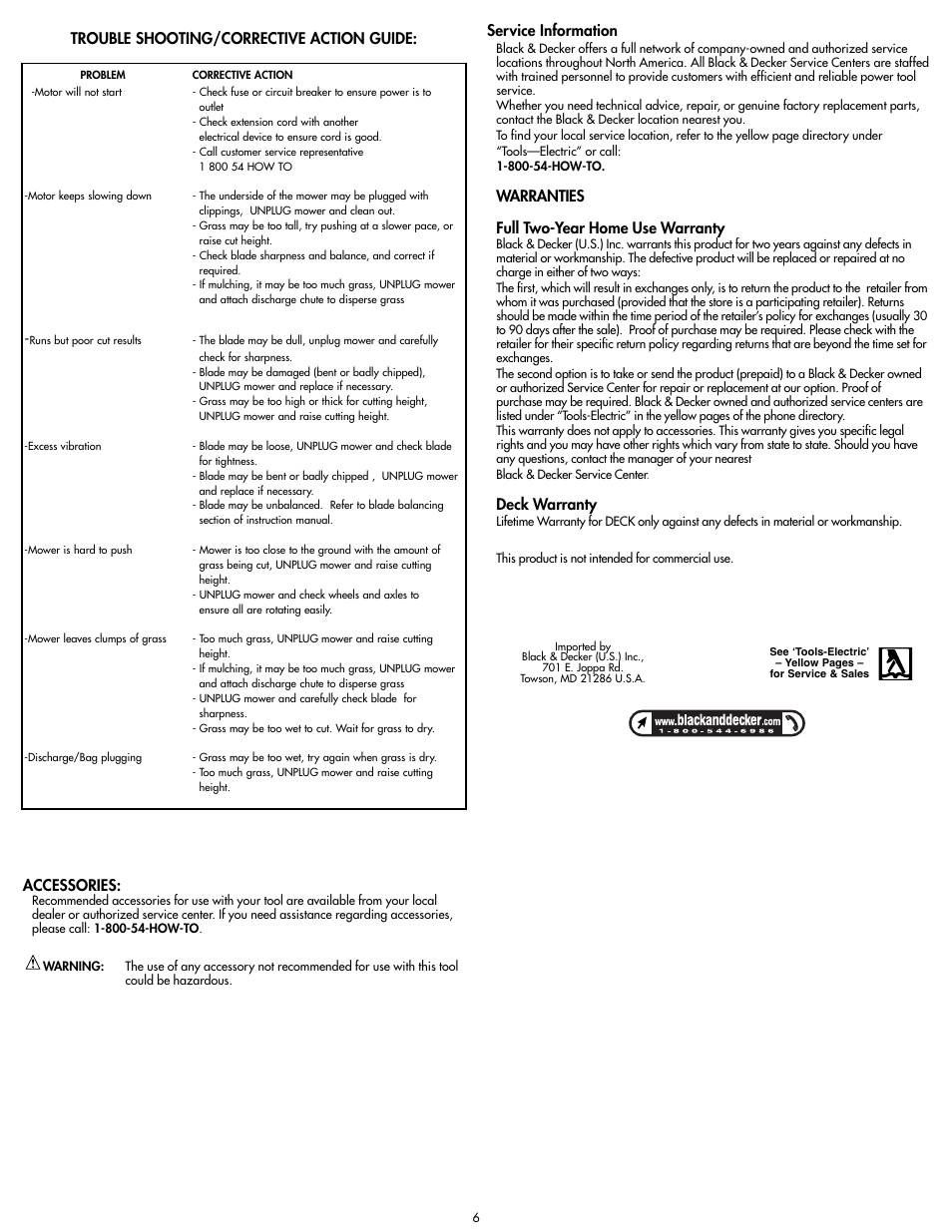 Accessories, Warranties full two-year home use warranty, Deck warranty | Black & Decker MM675 User Manual | Page 6 / 20