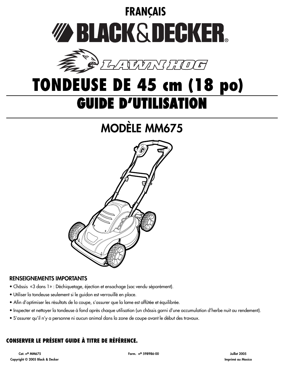 Tondeuse de 45 cm (18 po), Ggu uiid dee d d’’u uttiilliissa attiio on n, Français modèle mm675 | Black & Decker MM675 User Manual | Page 7 / 20
