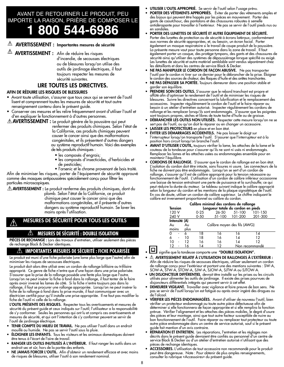 Lire toutes les directives, Avertissement, Importantes mesures de sécurité : fiche polarisée | Black & Decker MM675 User Manual | Page 8 / 20