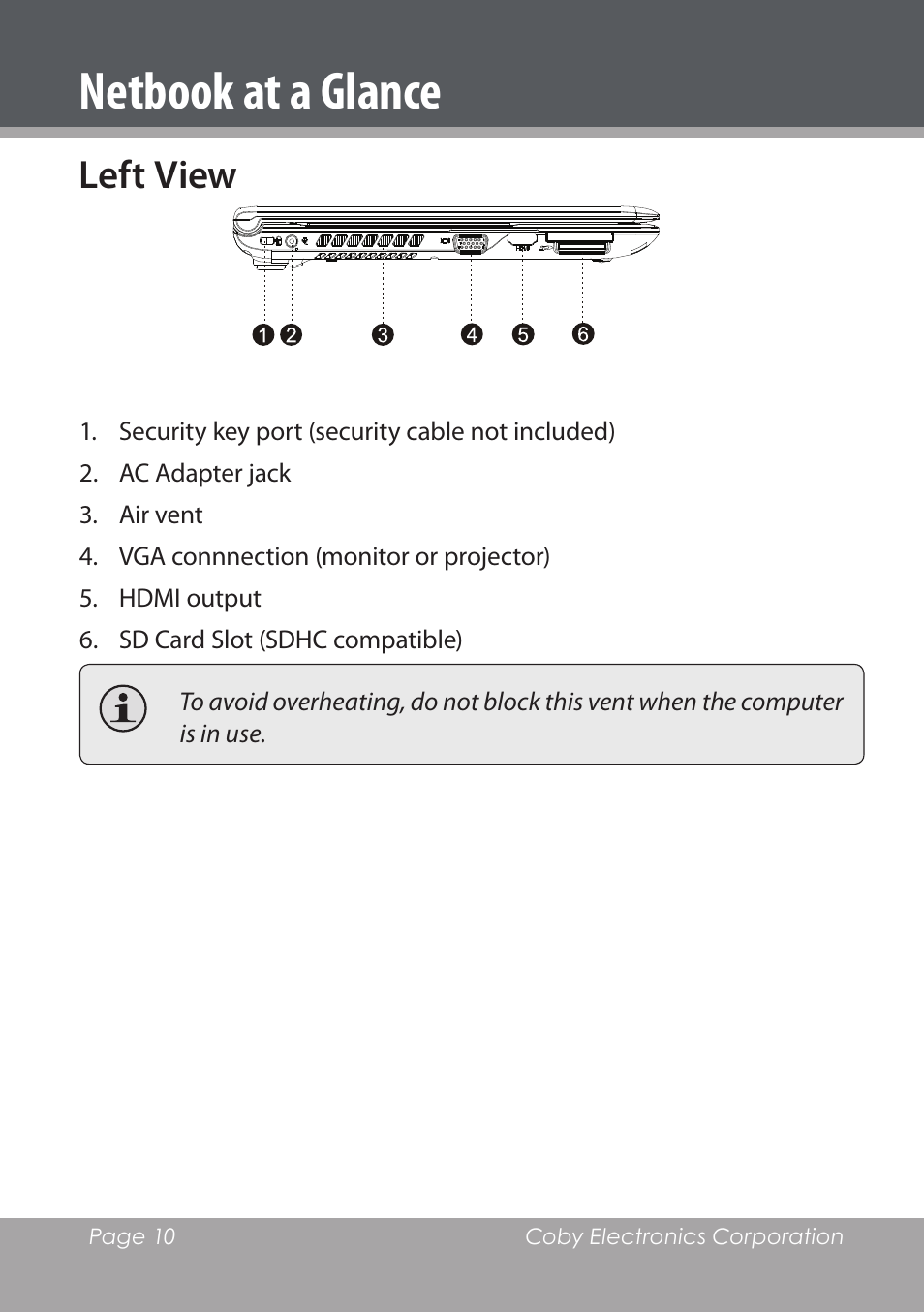 Left view, Netbook at a glance | COBY electronic NBPC1220 User Manual | Page 10 / 136