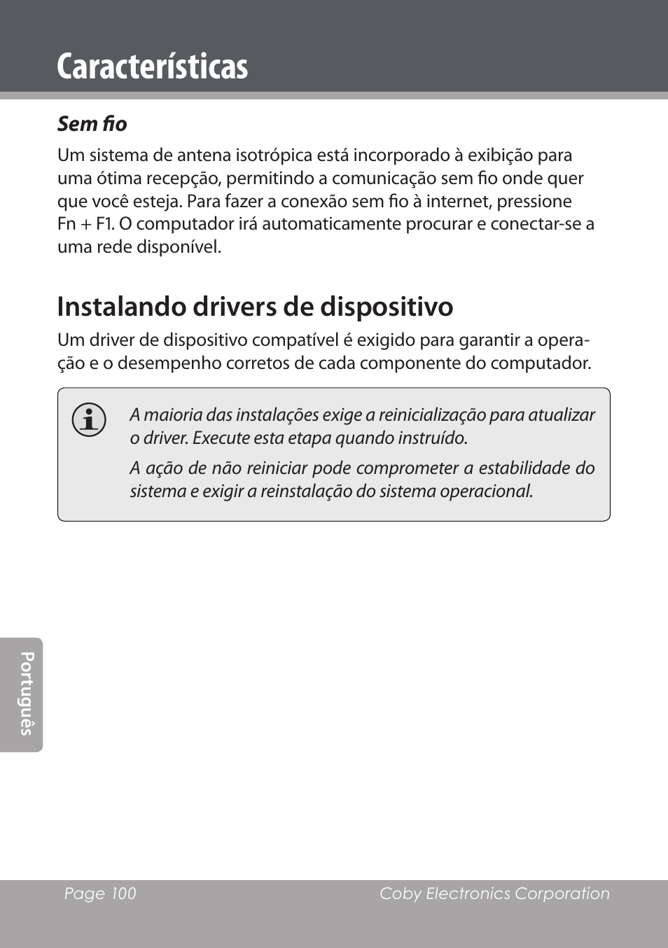 Sem fio, Instalando drivers de dispositivo, Características | COBY electronic NBPC1220 User Manual | Page 100 / 136