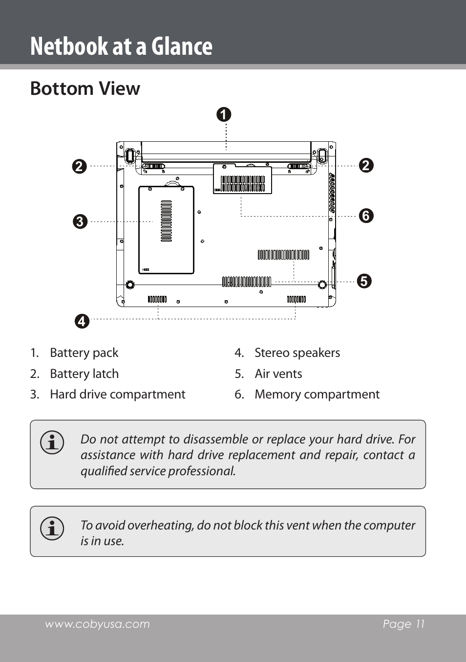 Bottom view, Netbook at a glance | COBY electronic NBPC1220 User Manual | Page 11 / 136