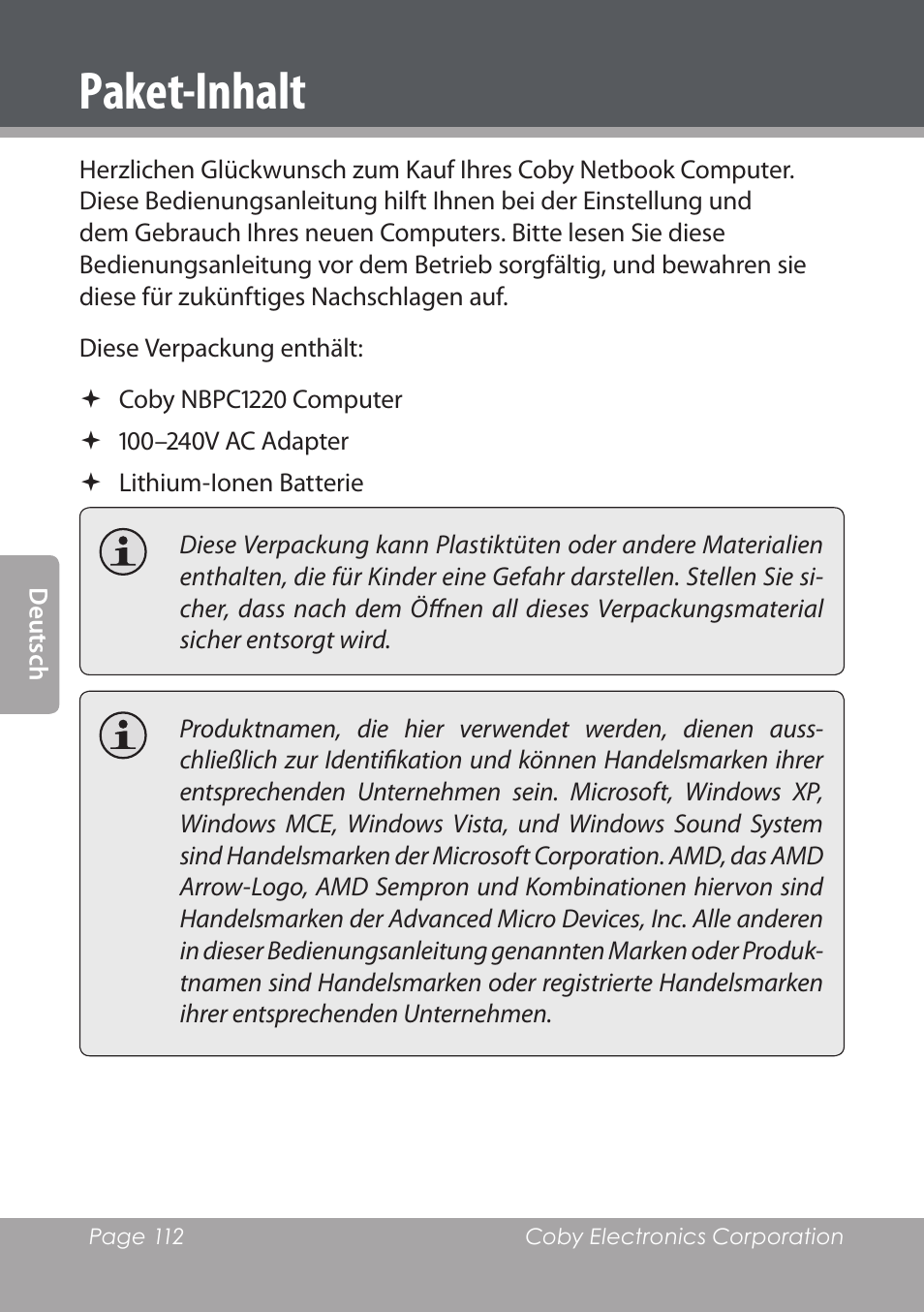 Paket-inhalt | COBY electronic NBPC1220 User Manual | Page 112 / 136