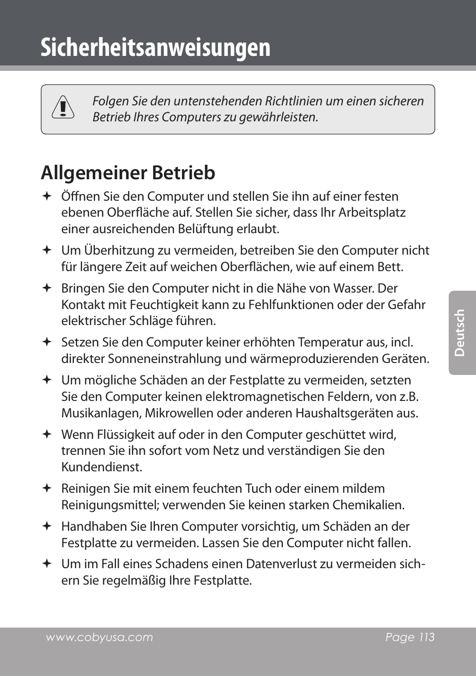 Sicherheitsanweisungen, Allgemeiner betrieb | COBY electronic NBPC1220 User Manual | Page 113 / 136
