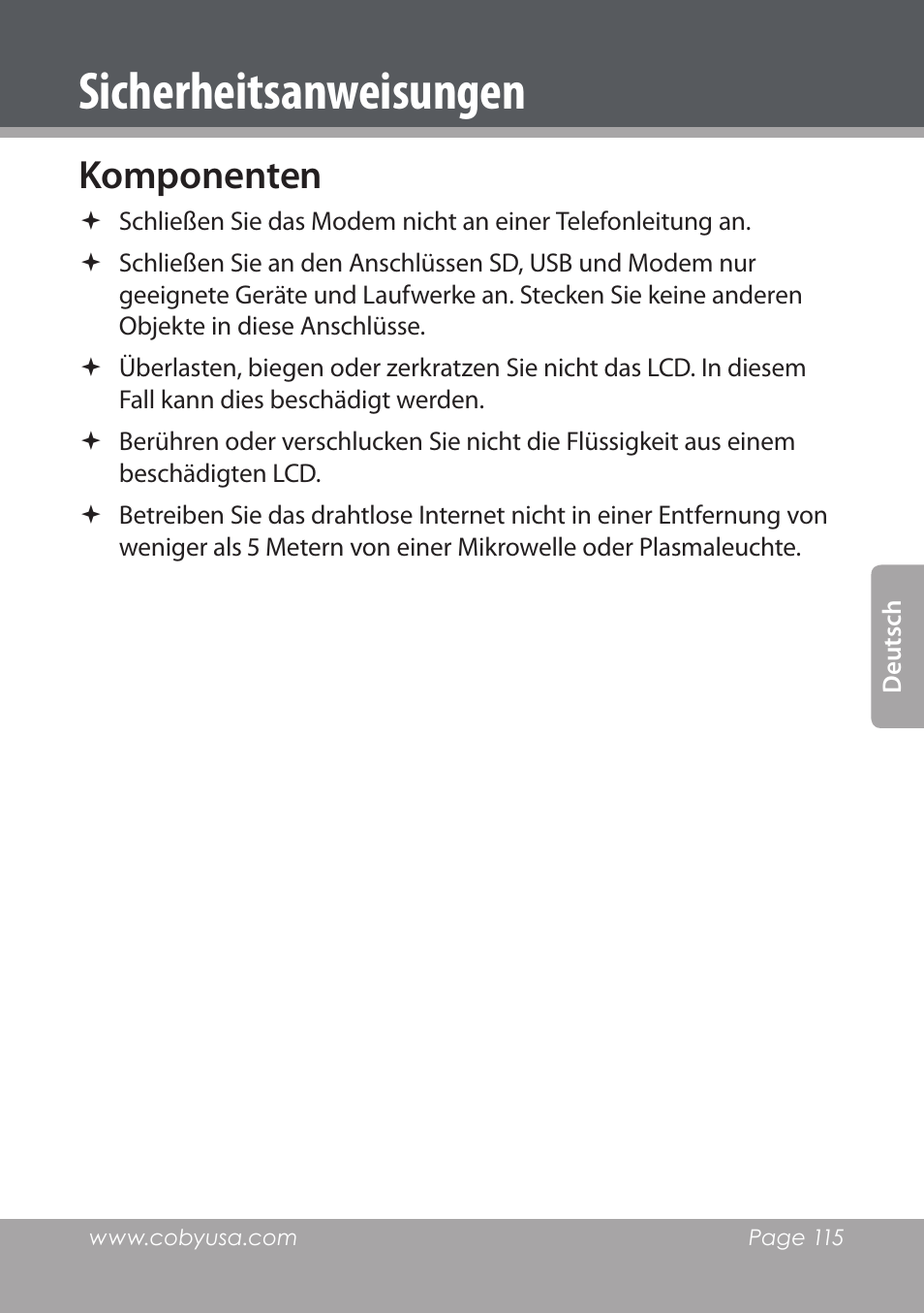Komponenten, Sicherheitsanweisungen | COBY electronic NBPC1220 User Manual | Page 115 / 136