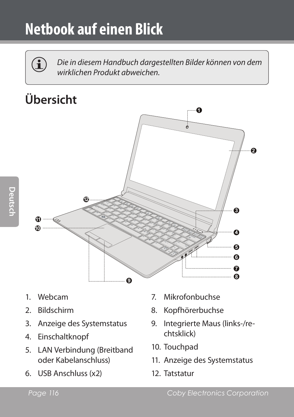 Netbook auf einen blick, Übersicht | COBY electronic NBPC1220 User Manual | Page 116 / 136