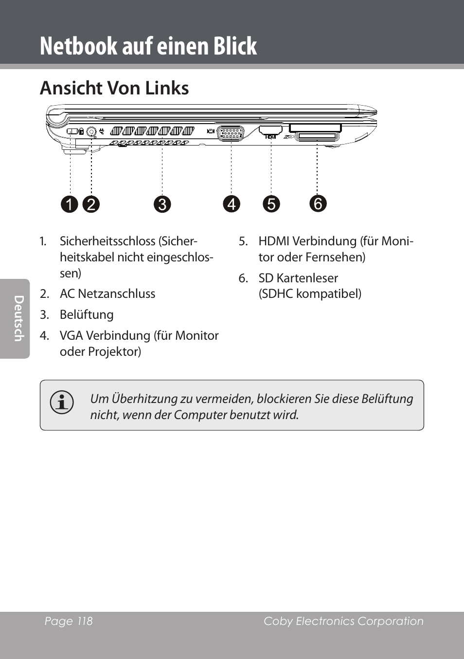 Ansicht von links, Netbook auf einen blick | COBY electronic NBPC1220 User Manual | Page 118 / 136