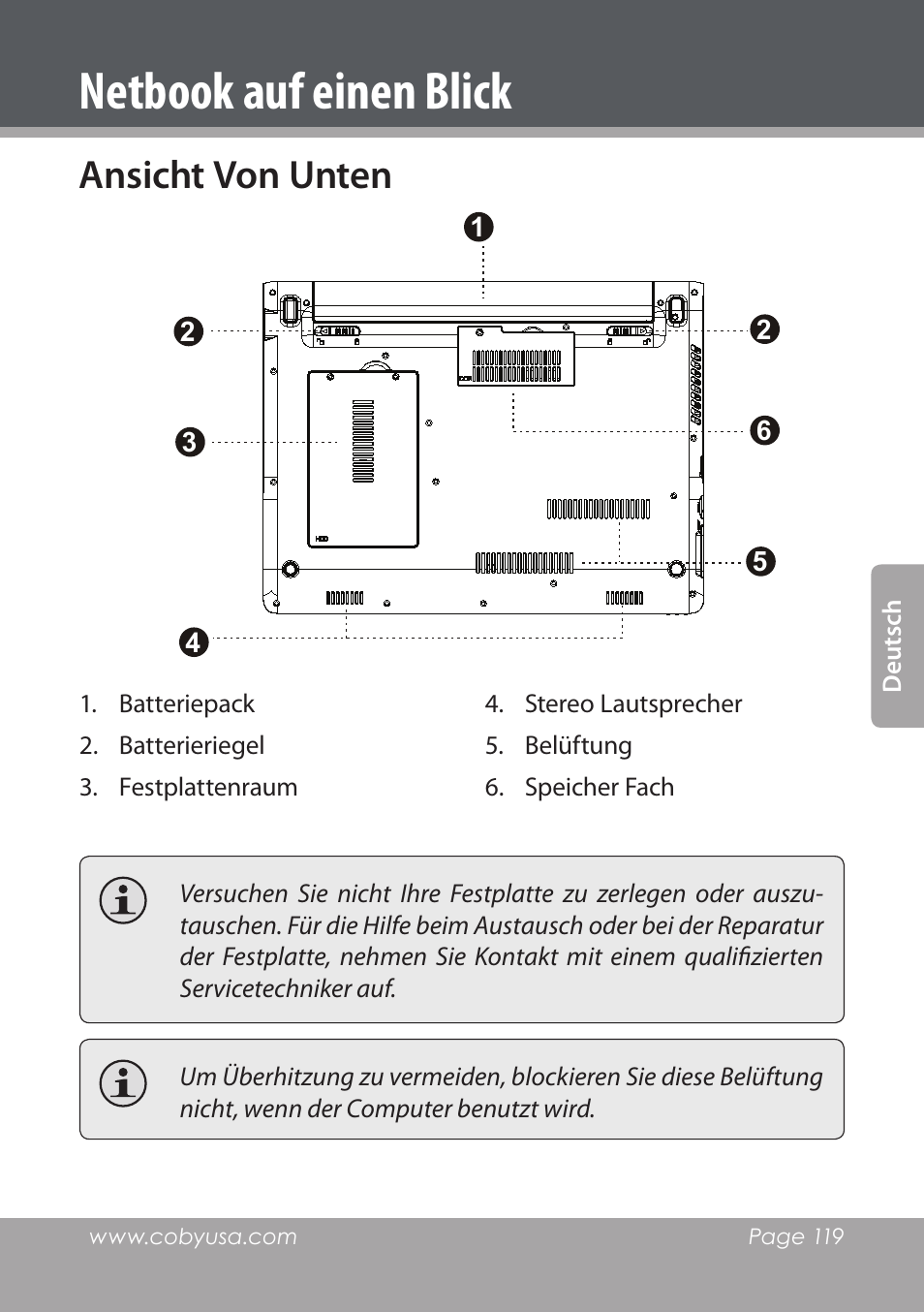 Ansicht von unten, Netbook auf einen blick | COBY electronic NBPC1220 User Manual | Page 119 / 136