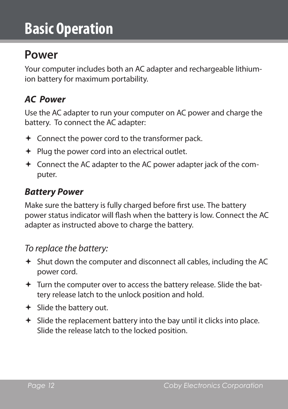 Basic operation, Power, Ac power | Battery power | COBY electronic NBPC1220 User Manual | Page 12 / 136
