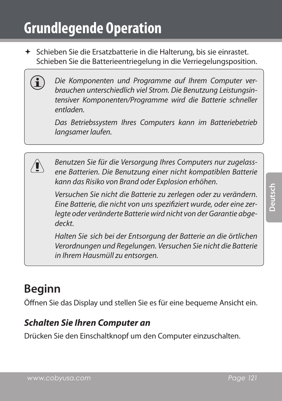 Beginn, Schalten sie ihren computer an, Grundlegende operation | COBY electronic NBPC1220 User Manual | Page 121 / 136