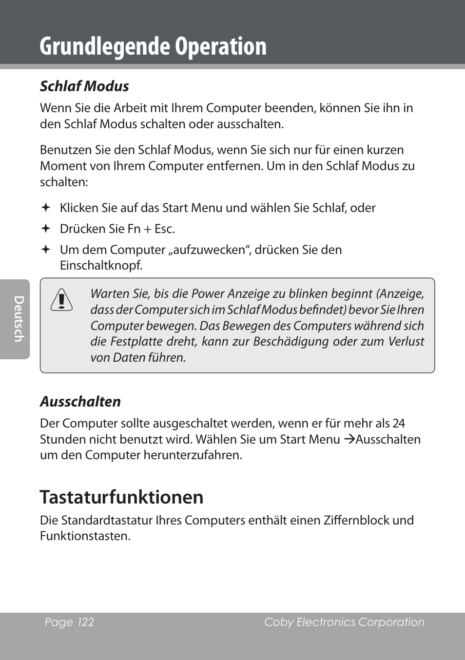 Schlaf modus, Ausschalten, Tastaturfunktionen | Grundlegende operation | COBY electronic NBPC1220 User Manual | Page 122 / 136