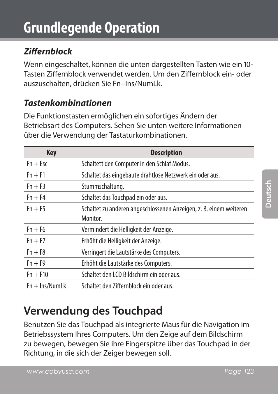Ziffernblock, Tastenkombinationen, Verwendung des touchpad | Grundlegende operation | COBY electronic NBPC1220 User Manual | Page 123 / 136