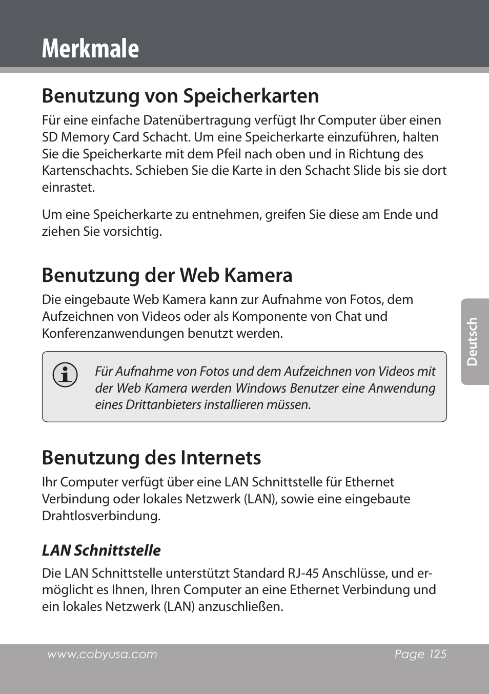 Merkmale, Benutzung von speicherkarten, Benutzung der web kamera | Benutzung des internets, Lan schnittstelle | COBY electronic NBPC1220 User Manual | Page 125 / 136