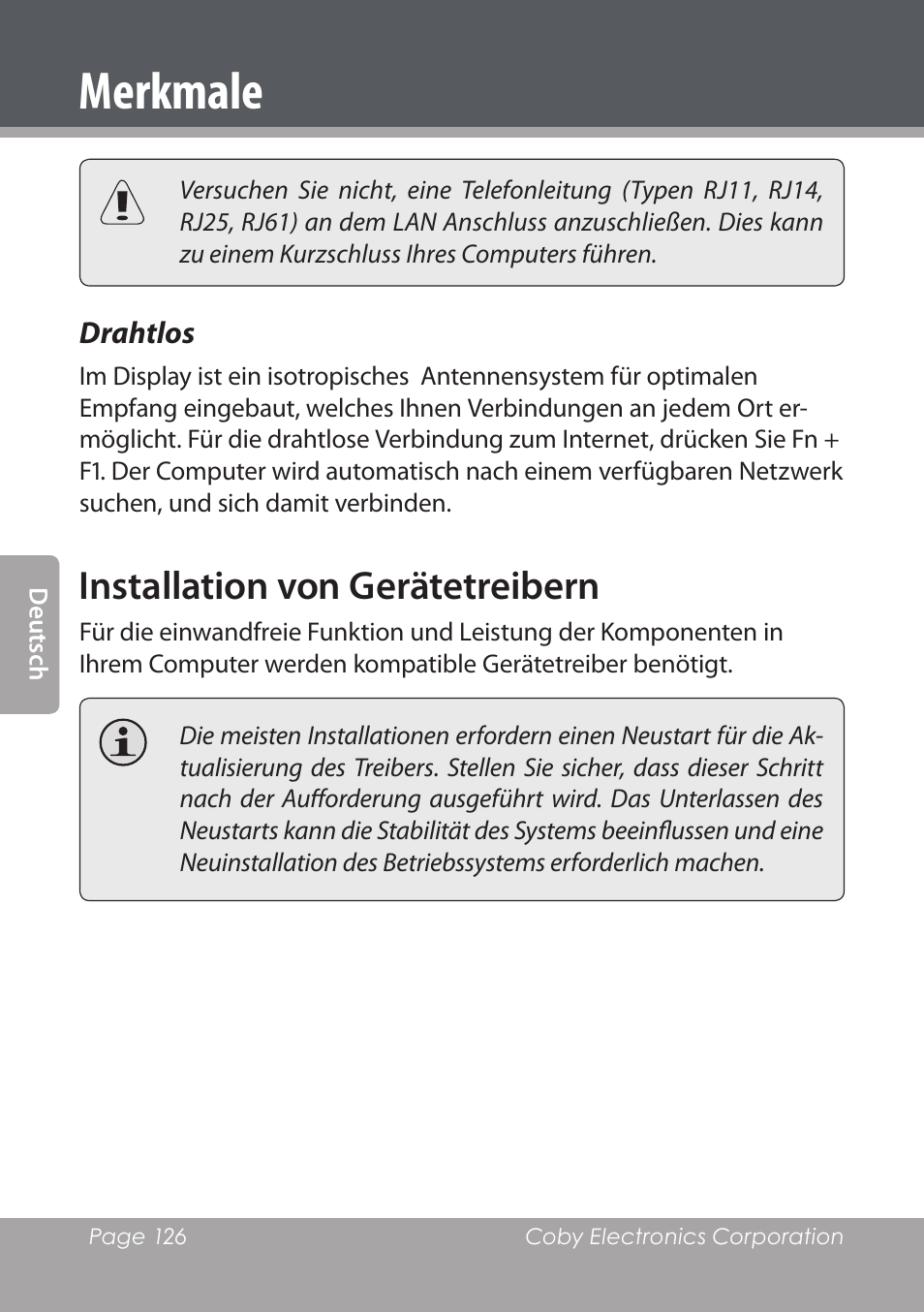Drahtlos, Installation von gerätetreibern, Merkmale | COBY electronic NBPC1220 User Manual | Page 126 / 136