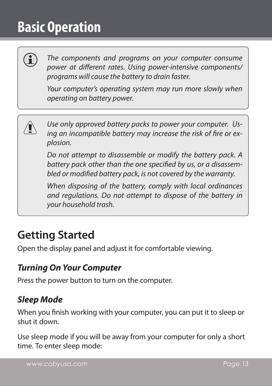 Basic operation, Getting started | COBY electronic NBPC1220 User Manual | Page 13 / 136
