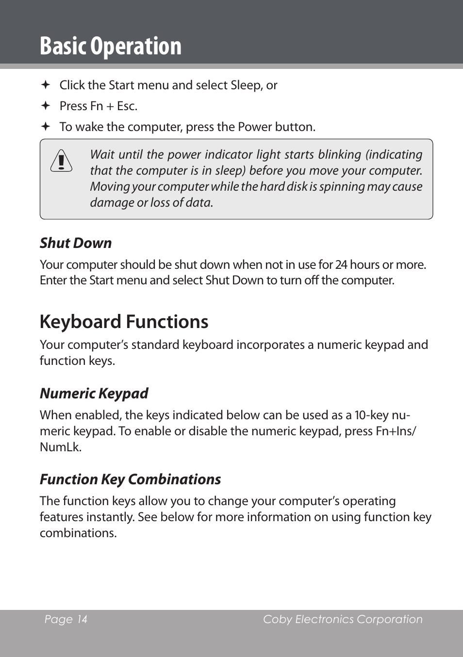 Getting started, Turning on your computer, Sleep mode | Shut down, Basic operation, Keyboard functions | COBY electronic NBPC1220 User Manual | Page 14 / 136