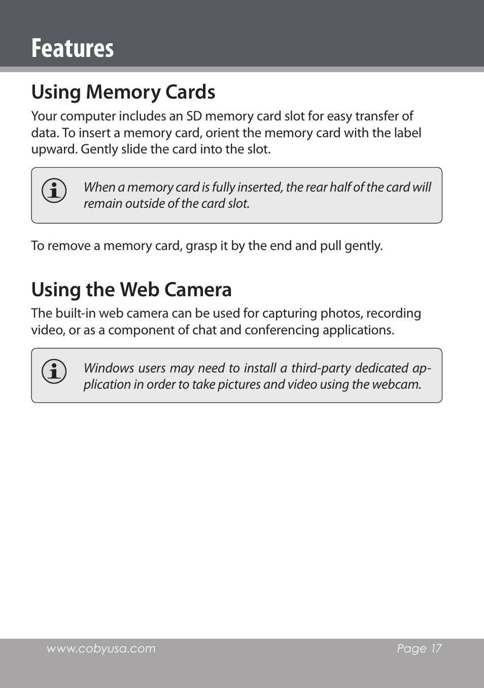 Features, Using memory cards, Using the web camera | COBY electronic NBPC1220 User Manual | Page 17 / 136