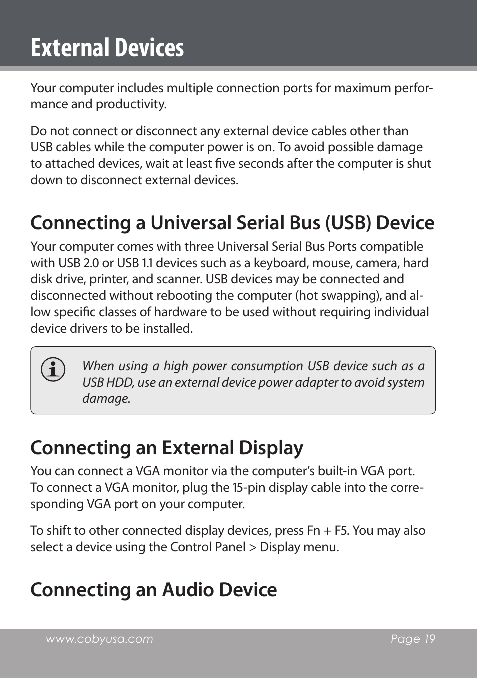 External devices, Connecting a universal serial bus (usb) device, Connecting an external display | Connecting an audio device | COBY electronic NBPC1220 User Manual | Page 19 / 136