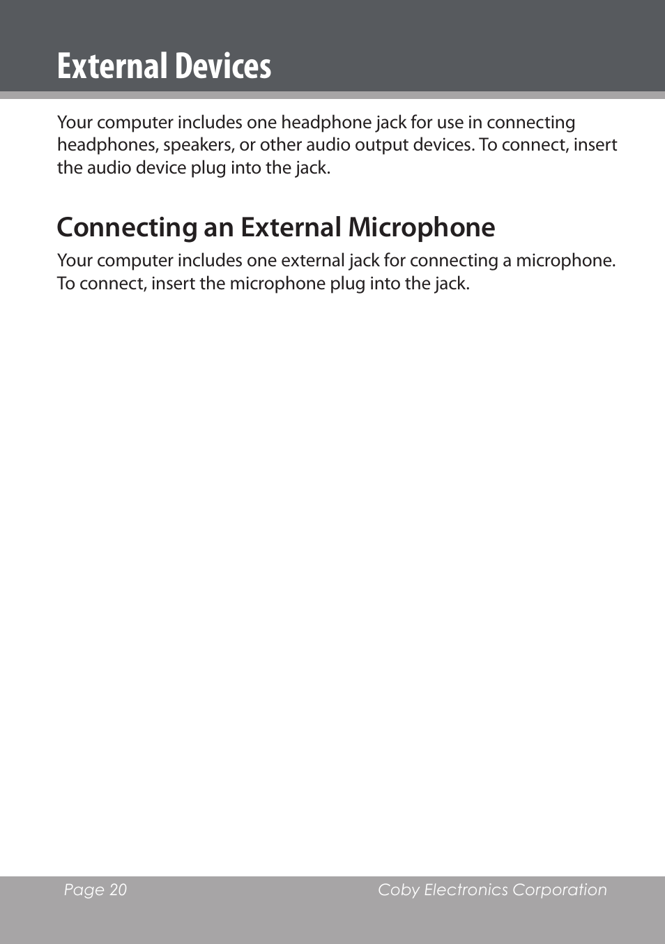 Connecting an external display, Connecting an audio device, Connecting an external microphone | External devices | COBY electronic NBPC1220 User Manual | Page 20 / 136