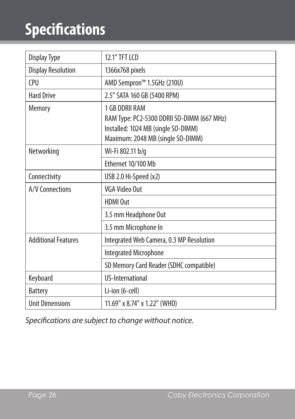 Specifications | COBY electronic NBPC1220 User Manual | Page 26 / 136