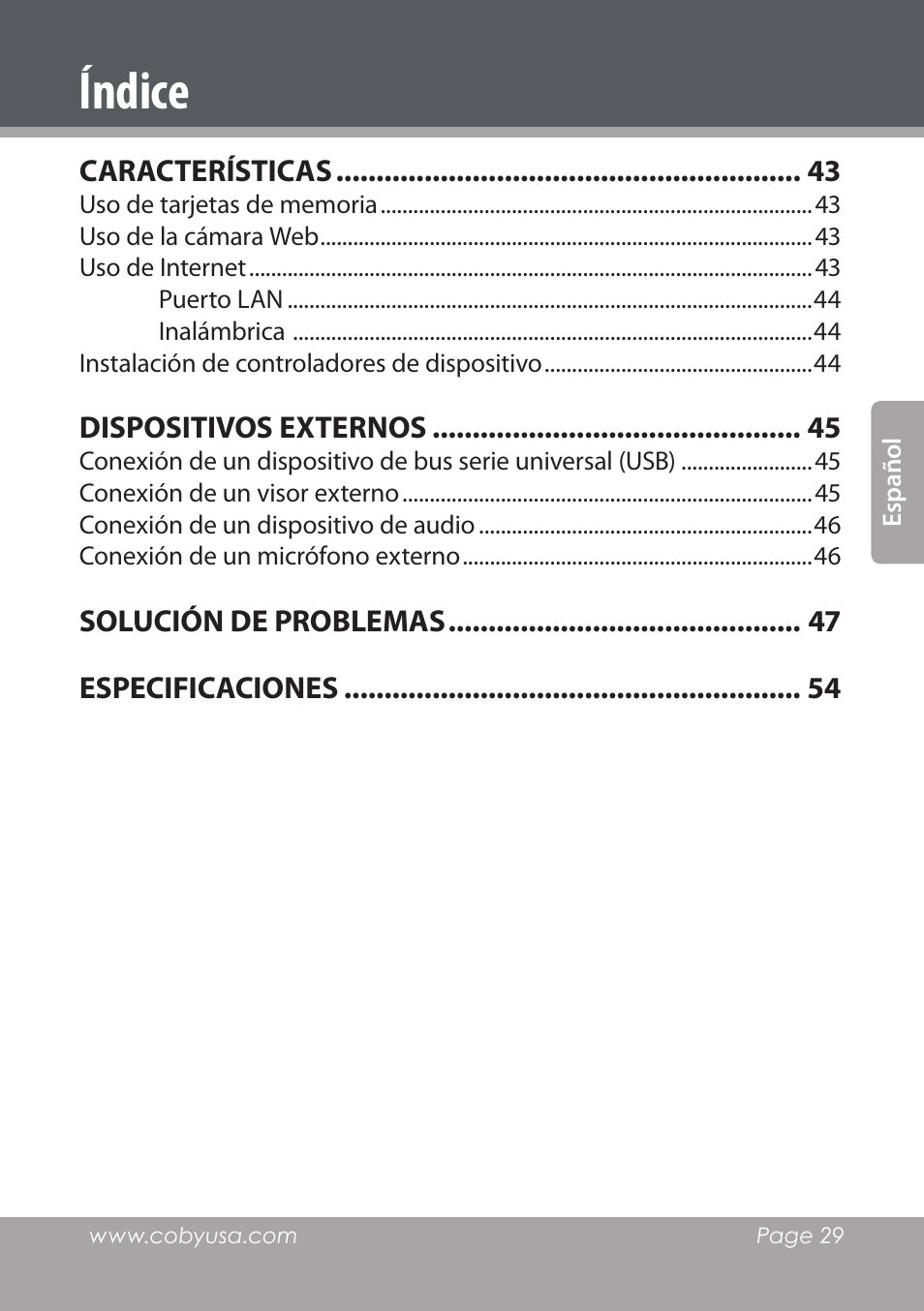 Índice | COBY electronic NBPC1220 User Manual | Page 29 / 136