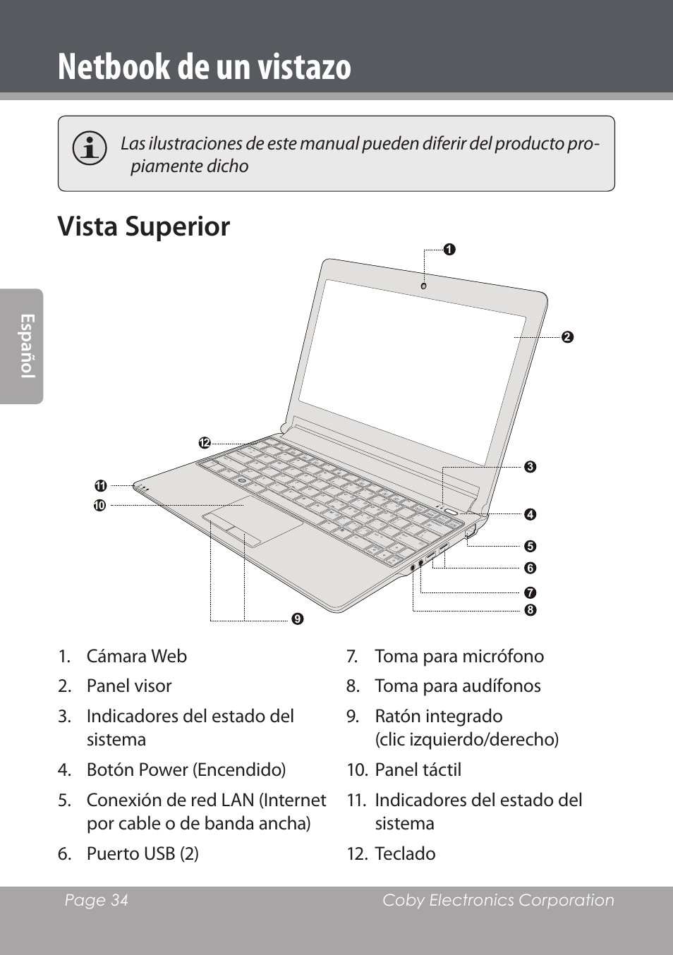 Netbook de un vistazo, Vista superior | COBY electronic NBPC1220 User Manual | Page 34 / 136