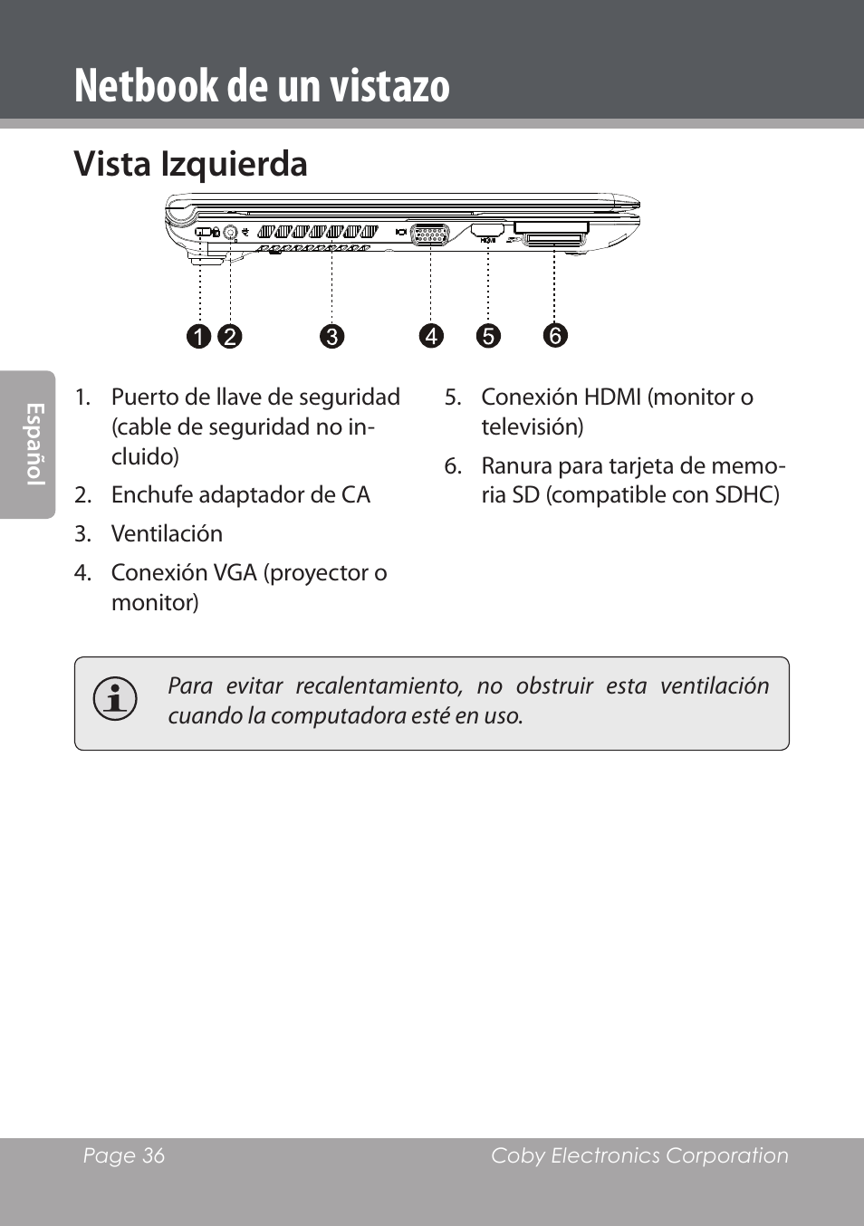 Vista izquierda, Netbook de un vistazo | COBY electronic NBPC1220 User Manual | Page 36 / 136