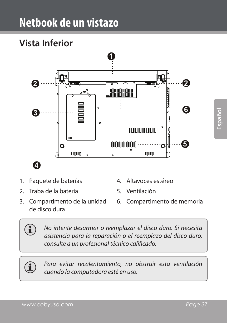 Vista inferior, Netbook de un vistazo | COBY electronic NBPC1220 User Manual | Page 37 / 136
