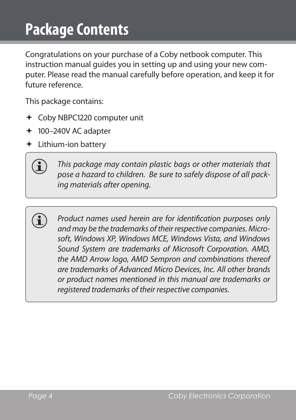 Package contents | COBY electronic NBPC1220 User Manual | Page 4 / 136