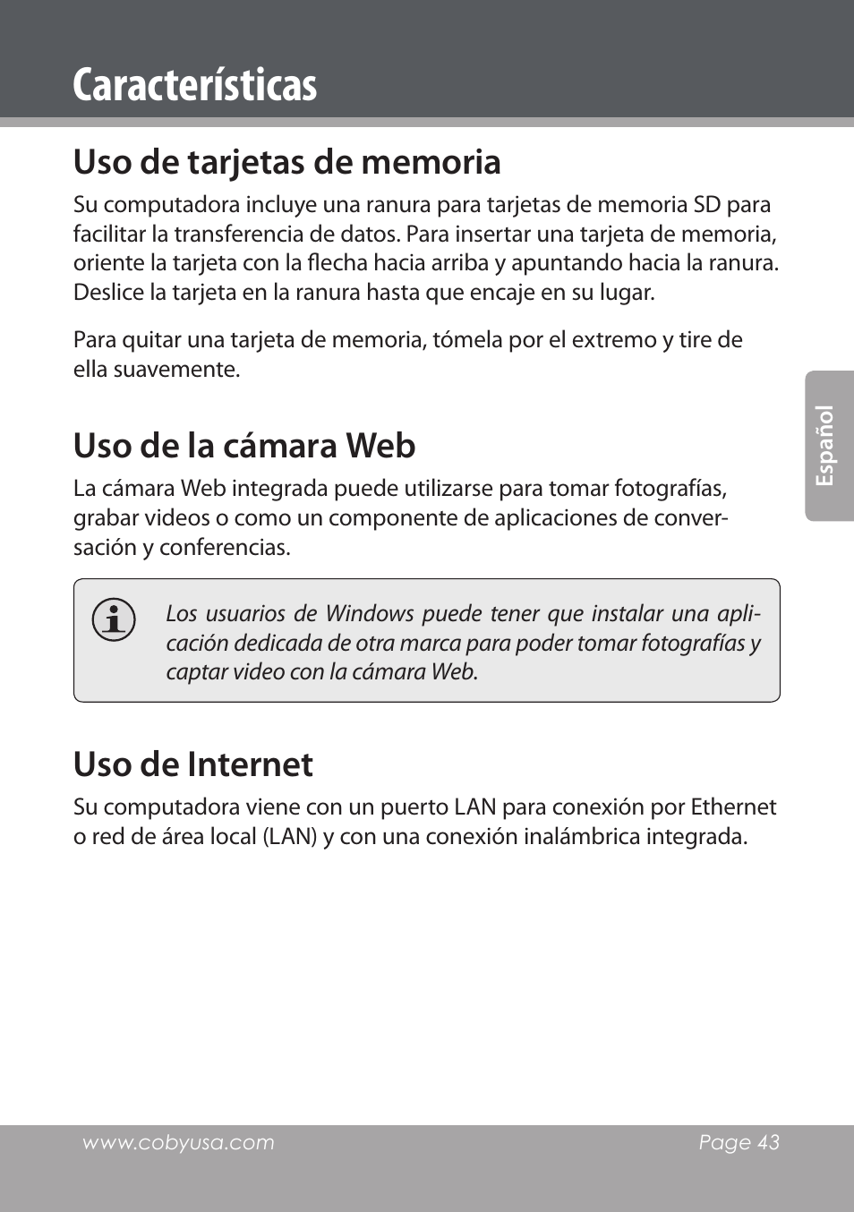 Características, Uso de tarjetas de memoria, Uso de la cámara web | Uso de internet | COBY electronic NBPC1220 User Manual | Page 43 / 136