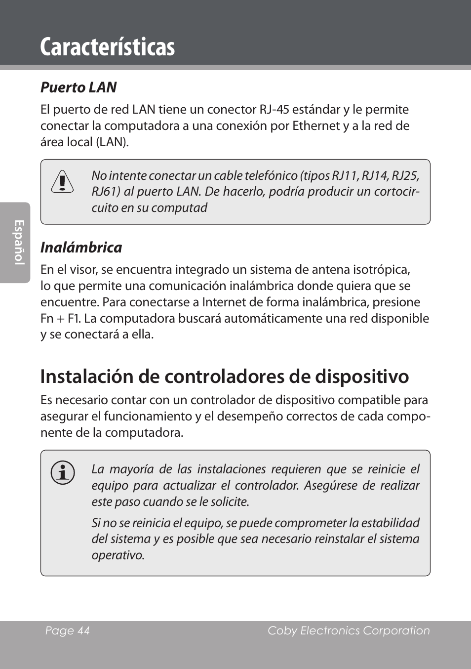 Puerto lan, Inalámbrica, Instalación de controladores de dispositivo | Características | COBY electronic NBPC1220 User Manual | Page 44 / 136