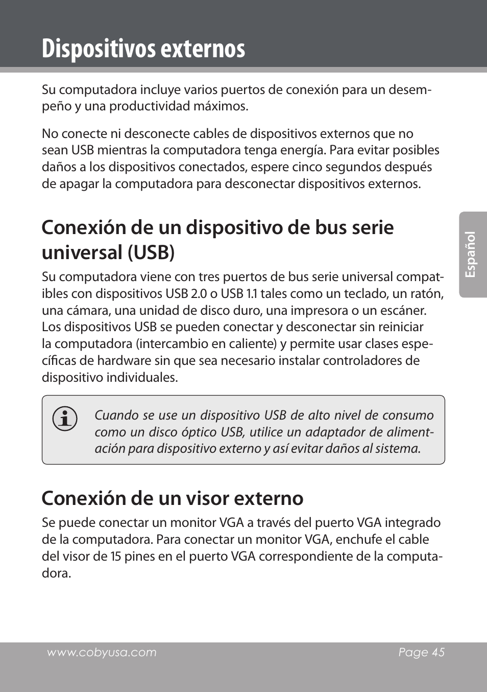 Dispositivos externos, Conexión de un visor externo | COBY electronic NBPC1220 User Manual | Page 45 / 136
