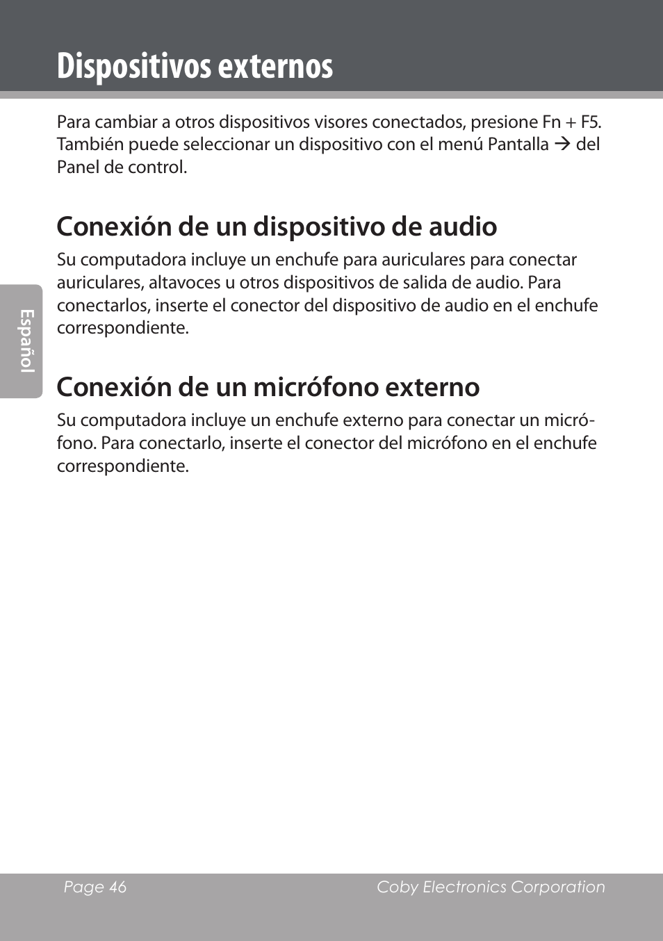 Conexión de un dispositivo de audio, Conexión de un micrófono externo, Dispositivos externos | COBY electronic NBPC1220 User Manual | Page 46 / 136