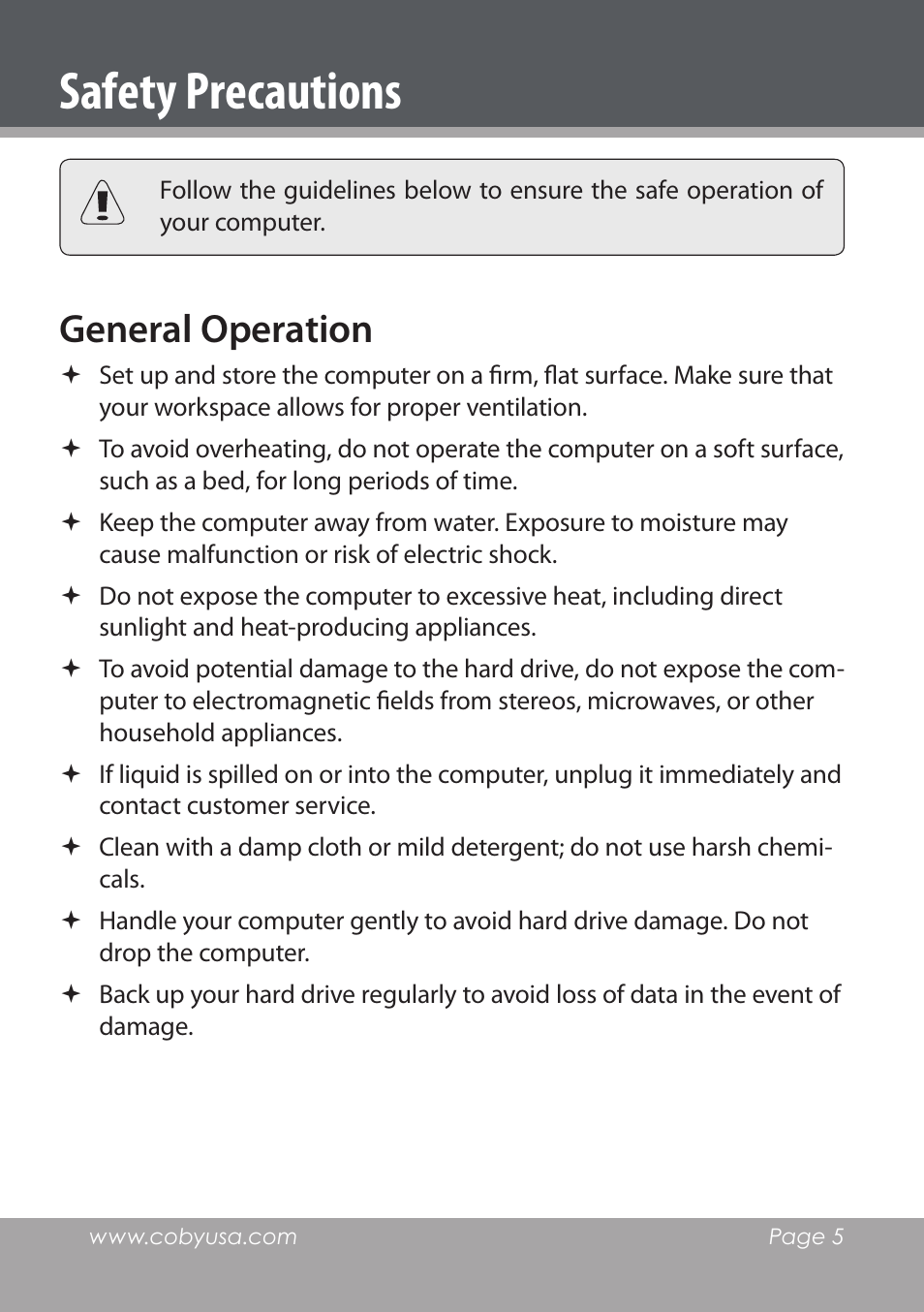 Safety precautions, General operation | COBY electronic NBPC1220 User Manual | Page 5 / 136