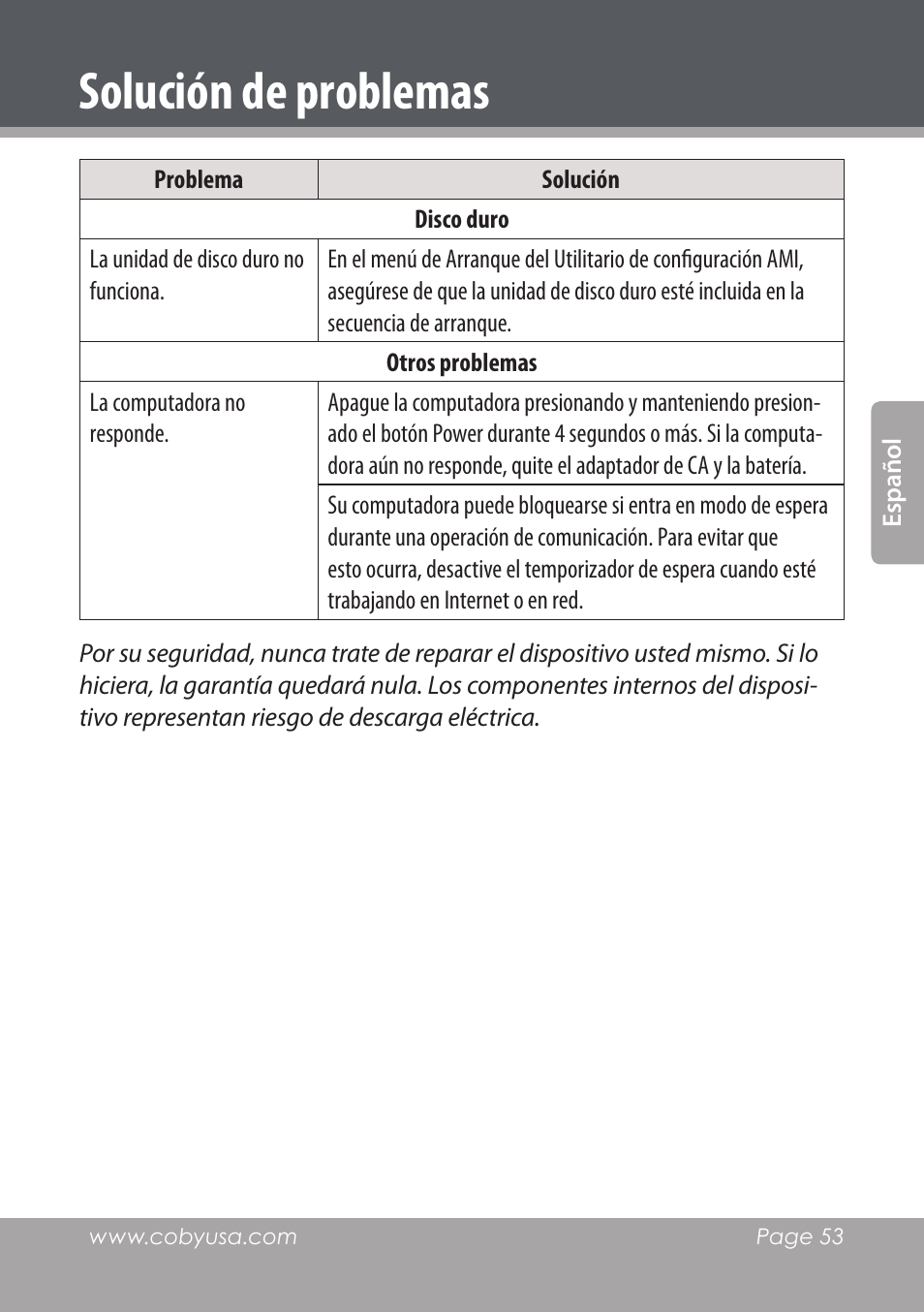 Solución de problemas | COBY electronic NBPC1220 User Manual | Page 53 / 136