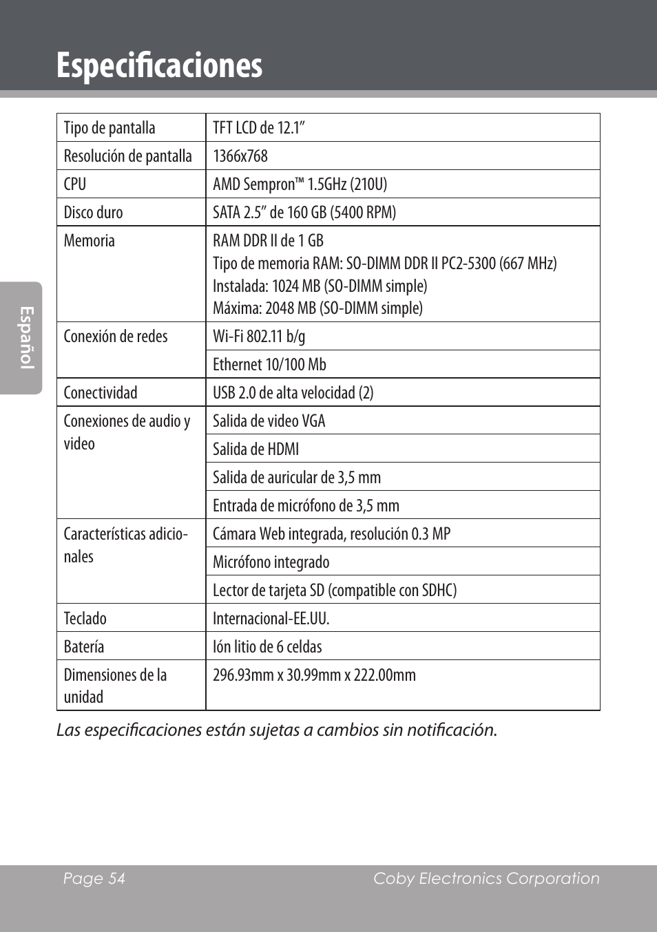 Especificaciones | COBY electronic NBPC1220 User Manual | Page 54 / 136
