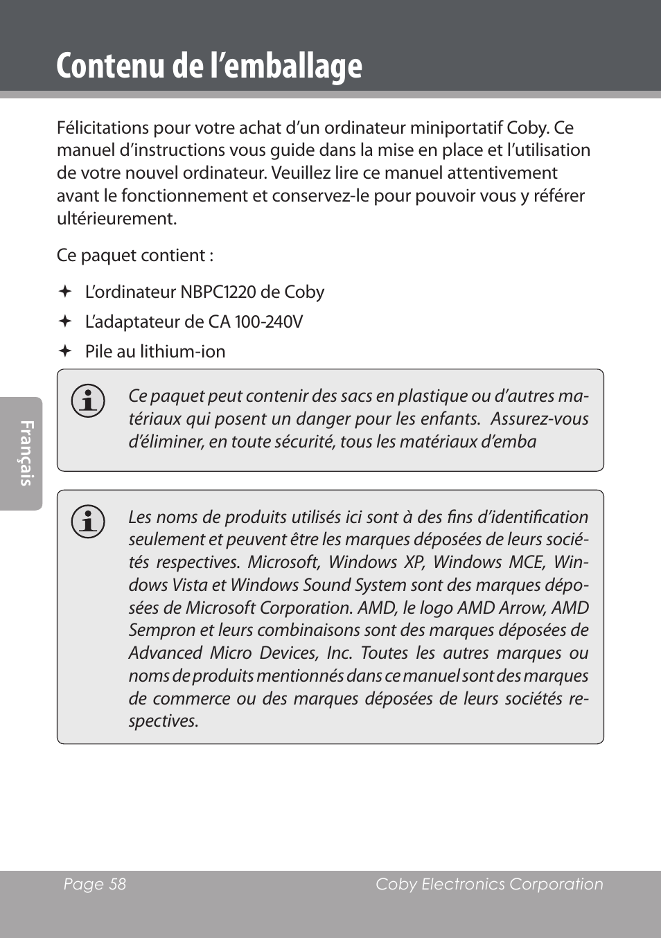 Contenu de l’emballage | COBY electronic NBPC1220 User Manual | Page 58 / 136
