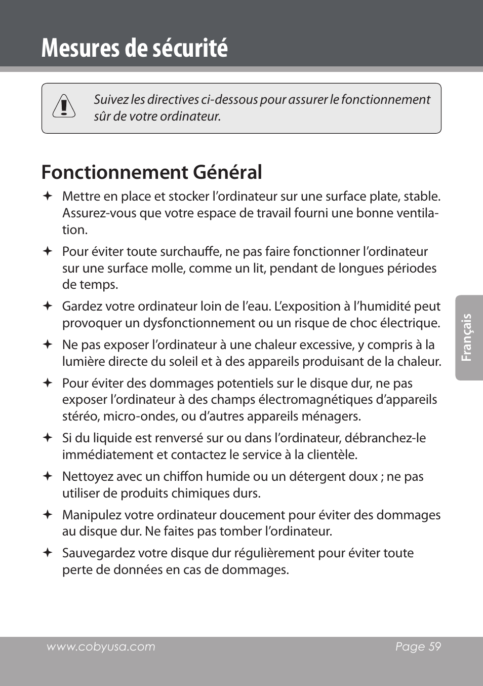 Mesures de sécurité, Fonctionnement général | COBY electronic NBPC1220 User Manual | Page 59 / 136