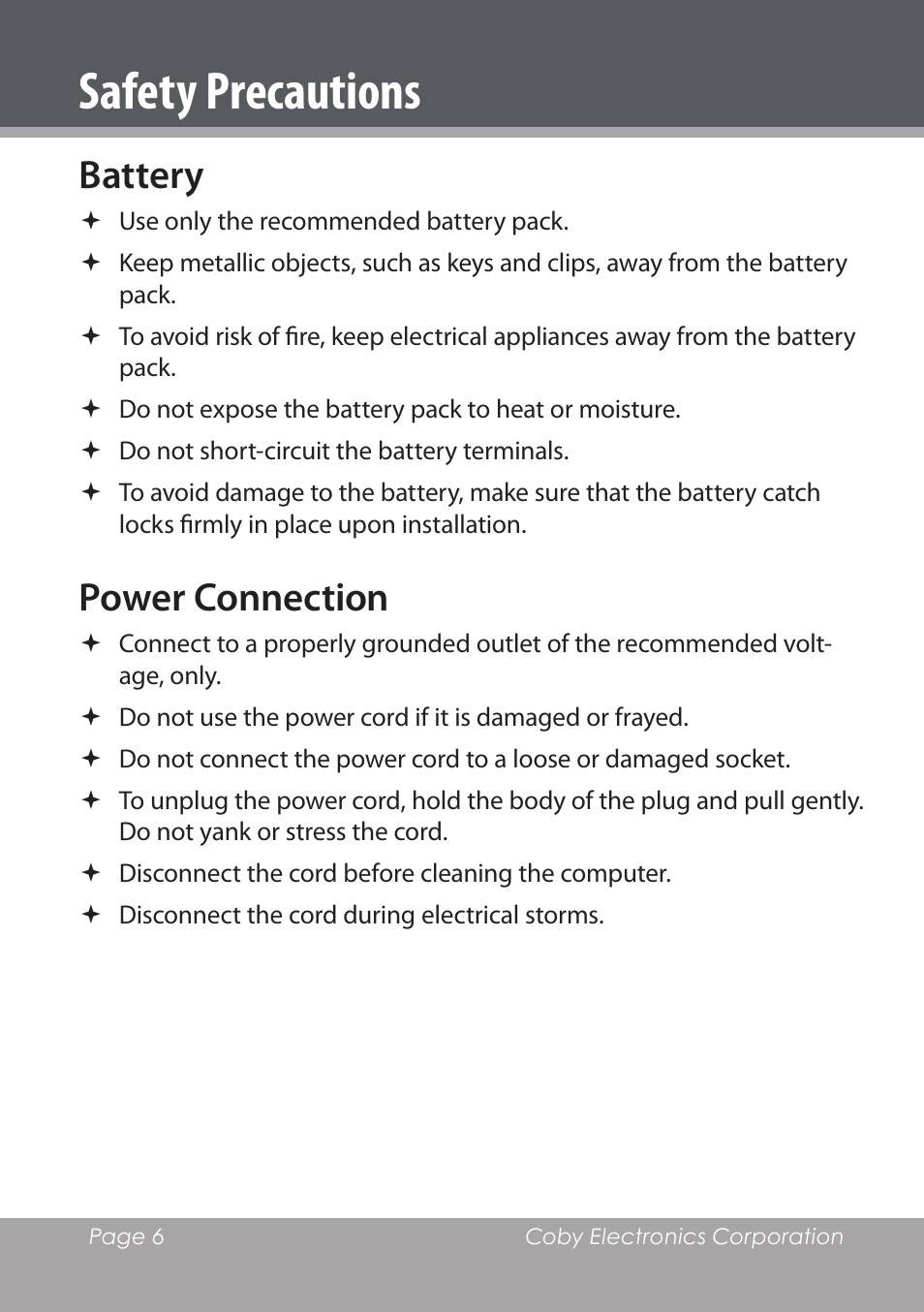 Battery, Power connection, Safety precautions | COBY electronic NBPC1220 User Manual | Page 6 / 136